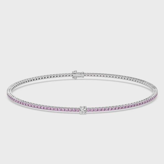 Cut Ice shaped simulated diamond tennis chain bracelet in pink stone, crafted in sterling silver plated with 18k white gold with rhodium, 3D video animation with all bracelet details , main stone size 2mm