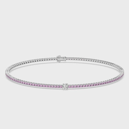 Cut Ice shaped simulated diamond tennis chain bracelet in pink stone, crafted in sterling silver plated with 18k white gold with rhodium, 3D video animation with all bracelet details , main stone size 2mm