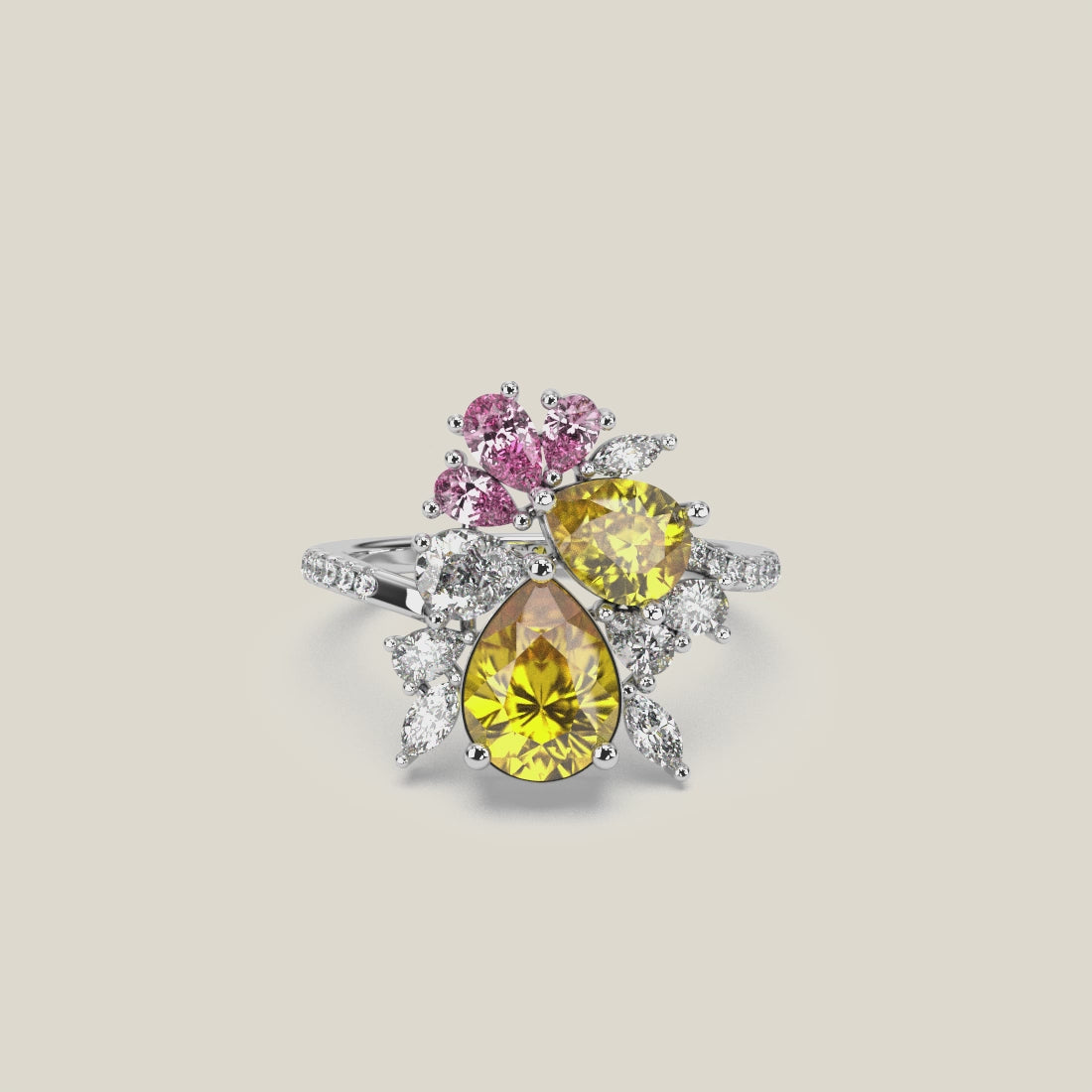 Pear shaped simulated diamond ring in yellow, pink and white stones, crafted in sterling silver plated with 18k white gold with rhodium, 3D video animation details ring, main stone 10mm