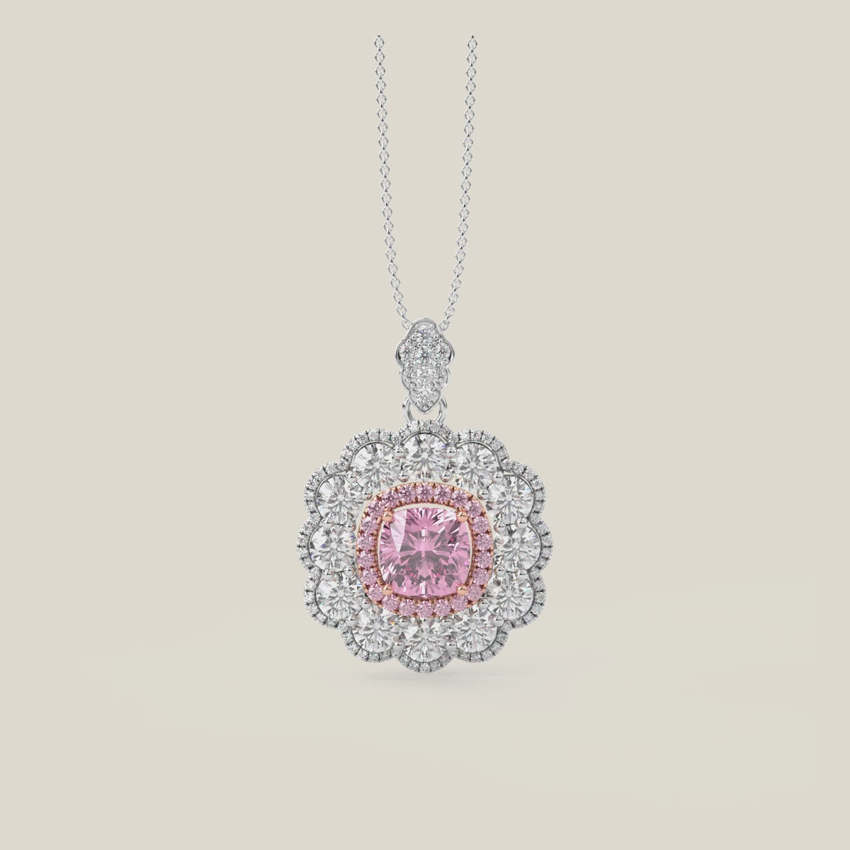 Cut Ice shaped simulated diamond necklace  in pink stone color, crafted in sterling silver plated with 18k white gold with rhodium, 3D video animation, details of necklace